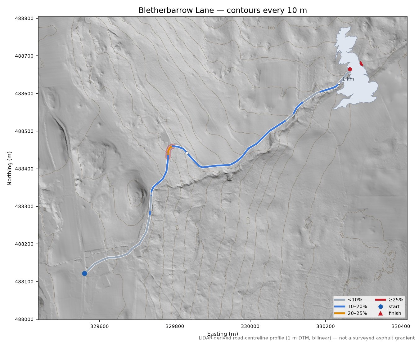 Bletherbarrow Lane LiDAR hillshade map with contours