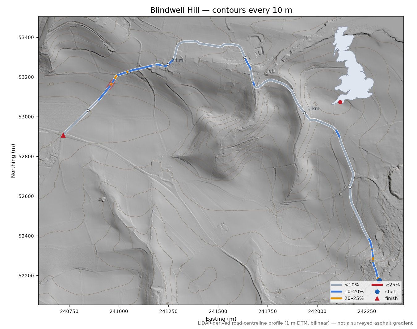 Blindwell Hill LiDAR hillshade map with contours