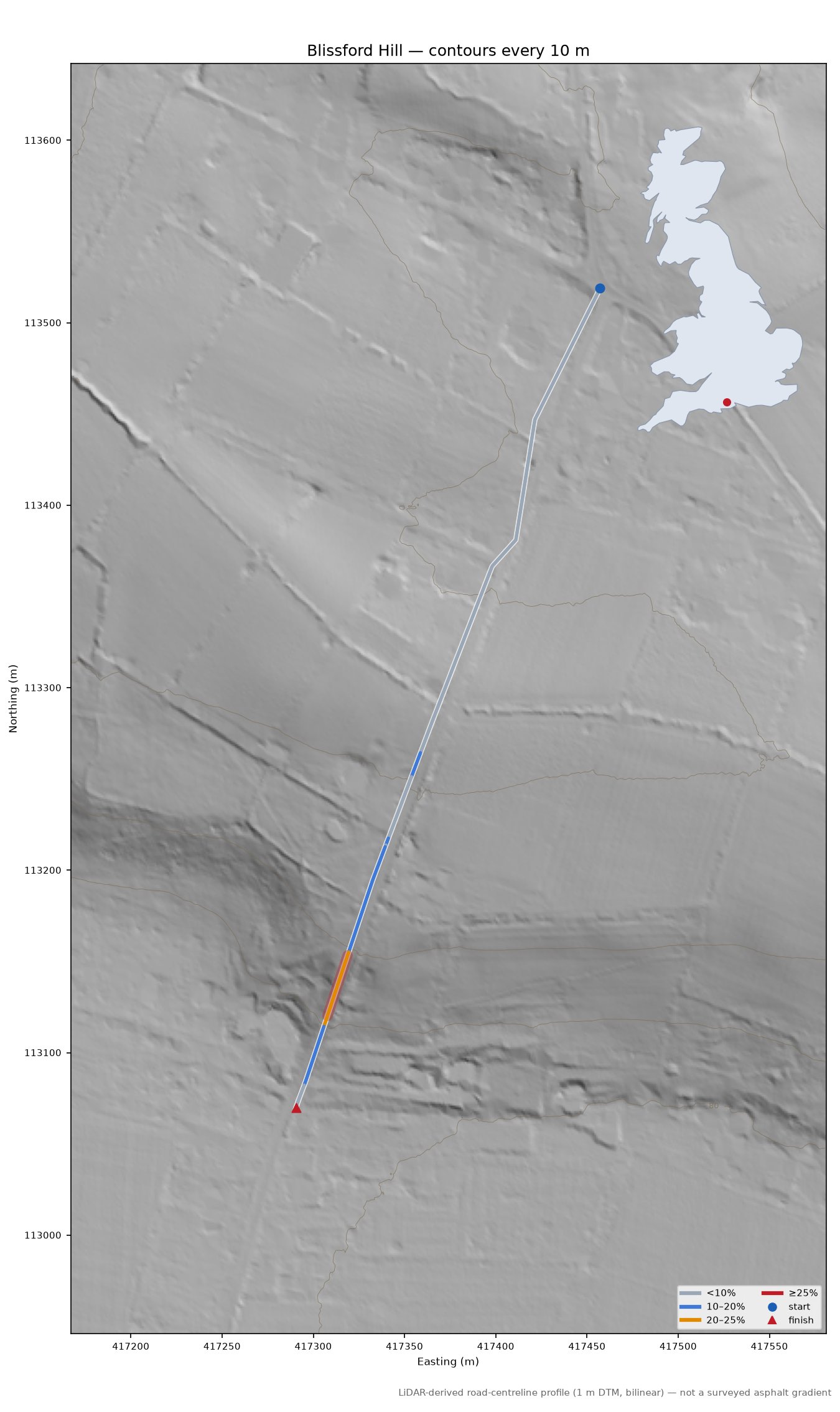Blissford Hill LiDAR hillshade map with contours