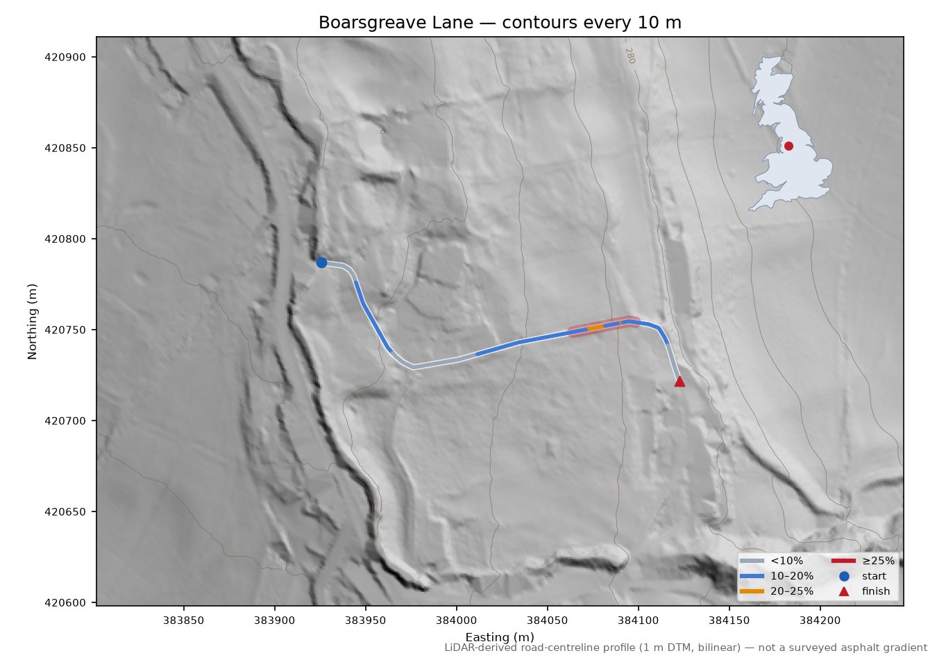 Boarsgreave Lane LiDAR hillshade map with contours