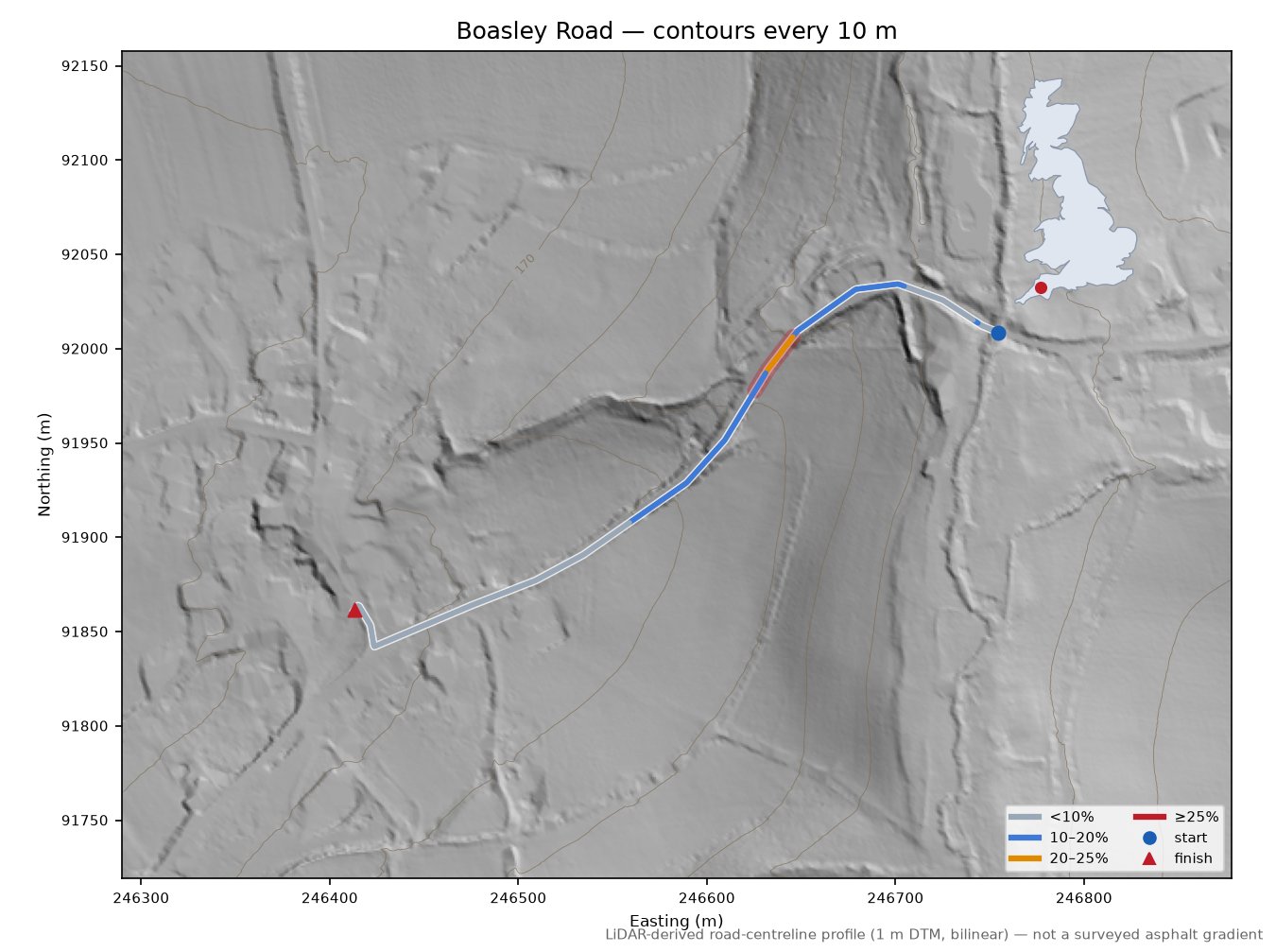 Boasley Road LiDAR hillshade map with contours