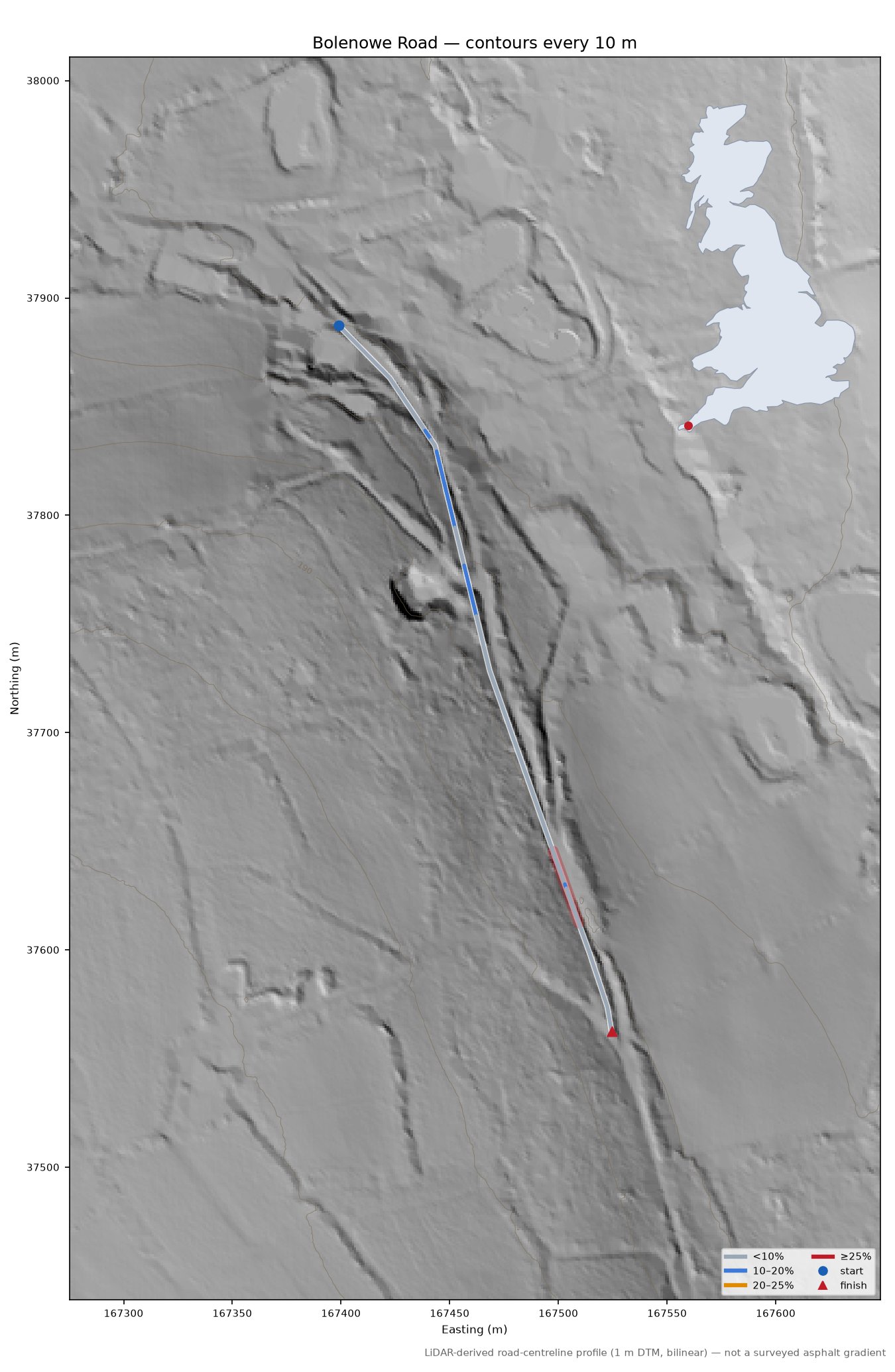 Bolenowe Road LiDAR hillshade map with contours