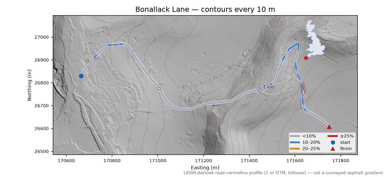 Bonallack Lane LiDAR hillshade map with contours