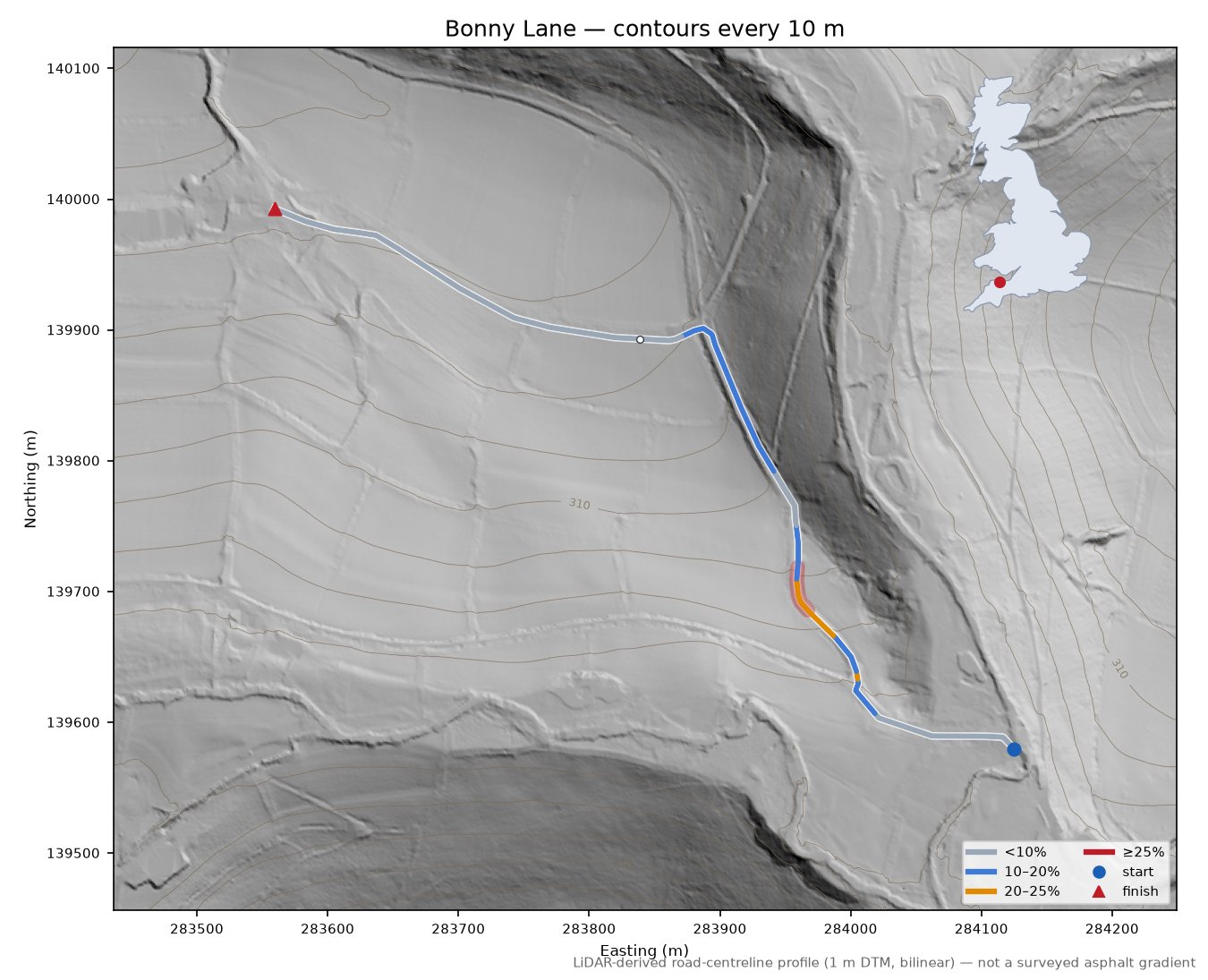 Bonny Lane LiDAR hillshade map with contours