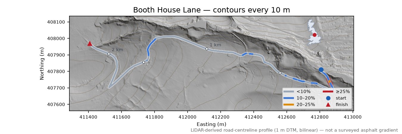 Booth House Lane LiDAR hillshade map with contours