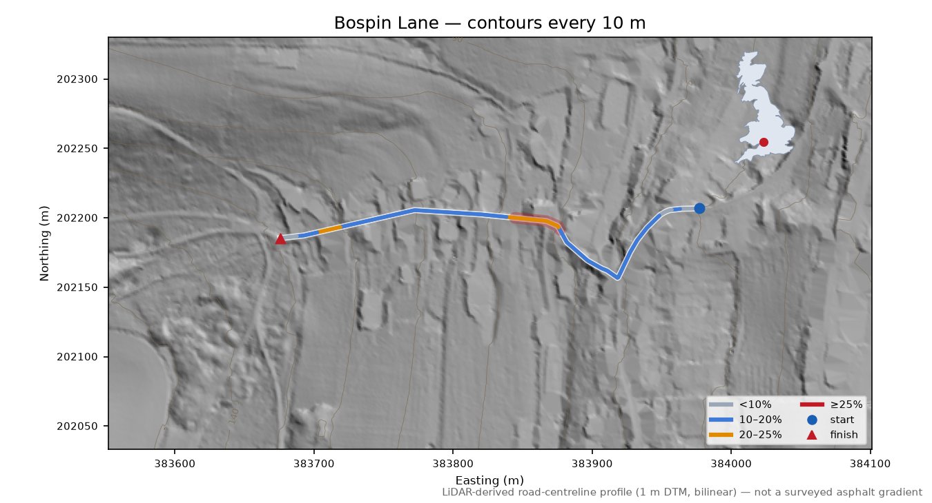 Bospin Lane LiDAR hillshade map with contours