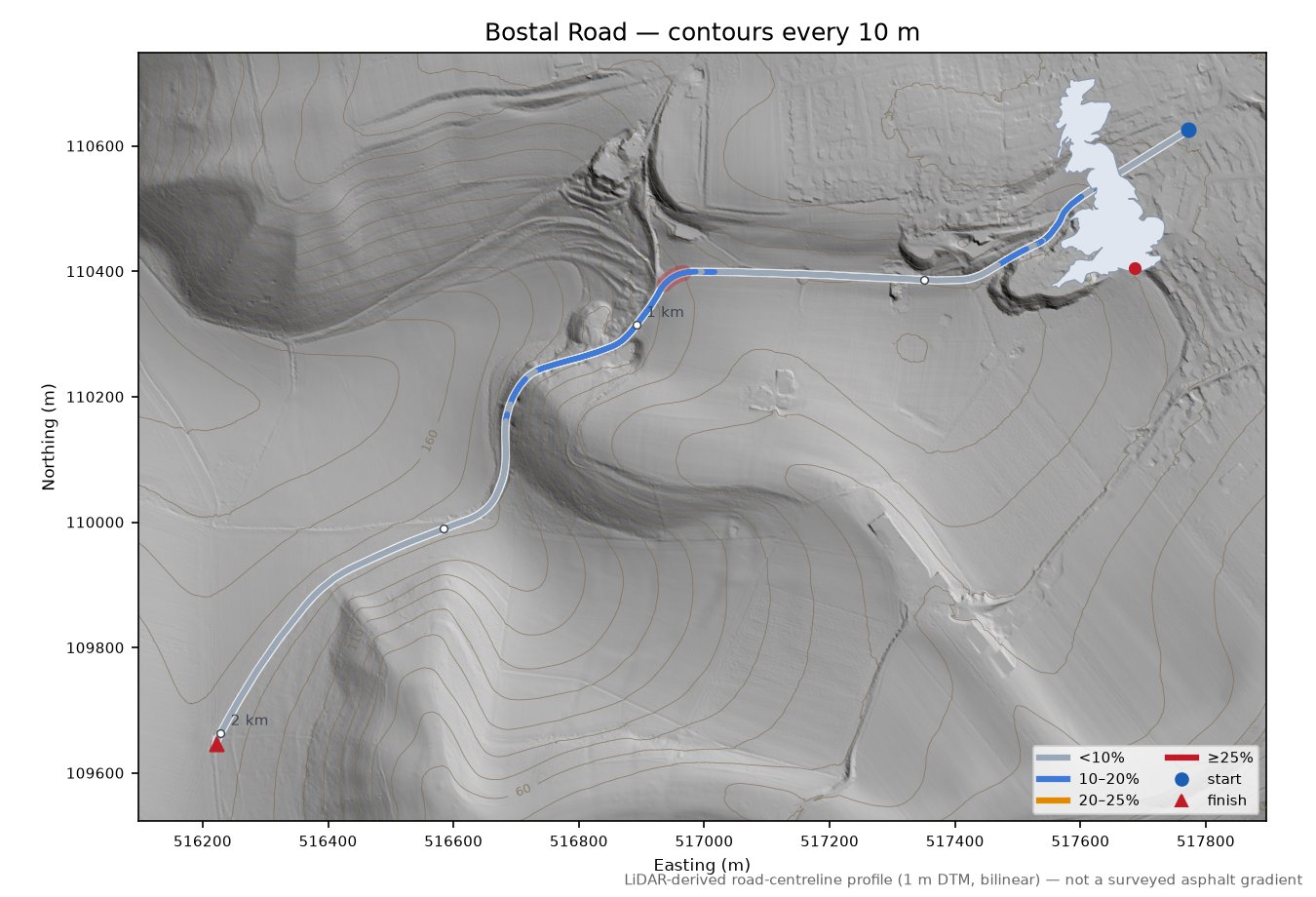 Bostal Road LiDAR hillshade map with contours