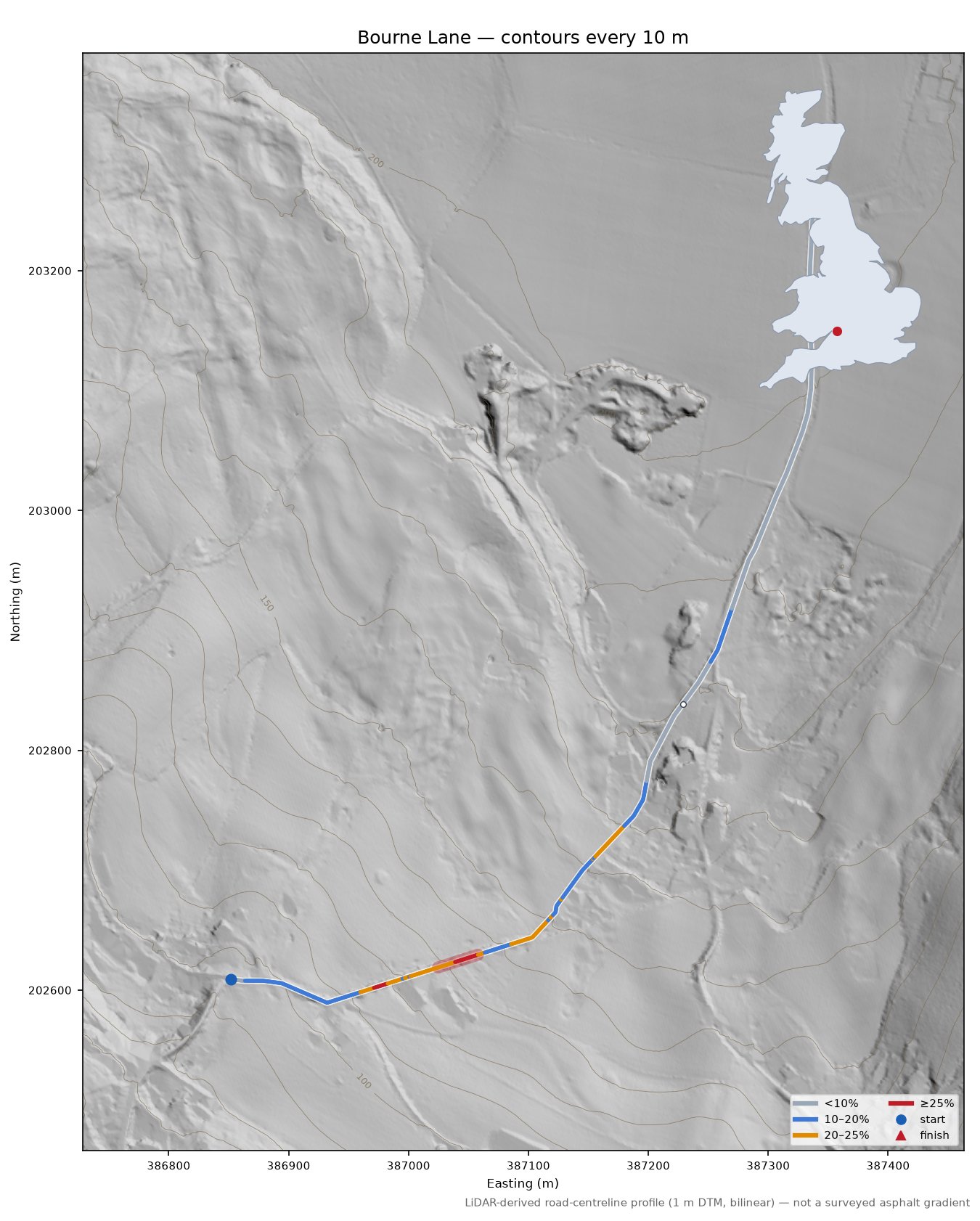 Bourne Lane LiDAR hillshade map with contours
