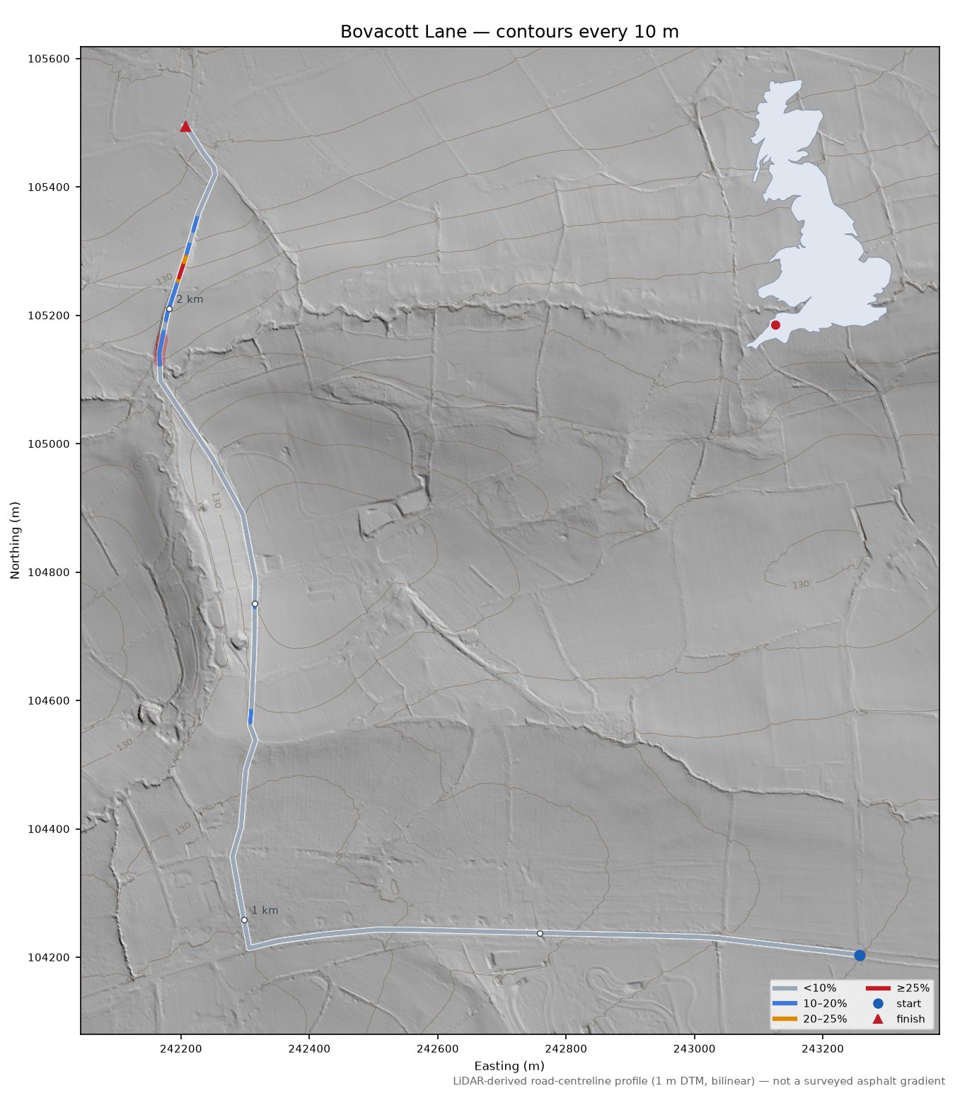 Bovacott Lane LiDAR hillshade map with contours