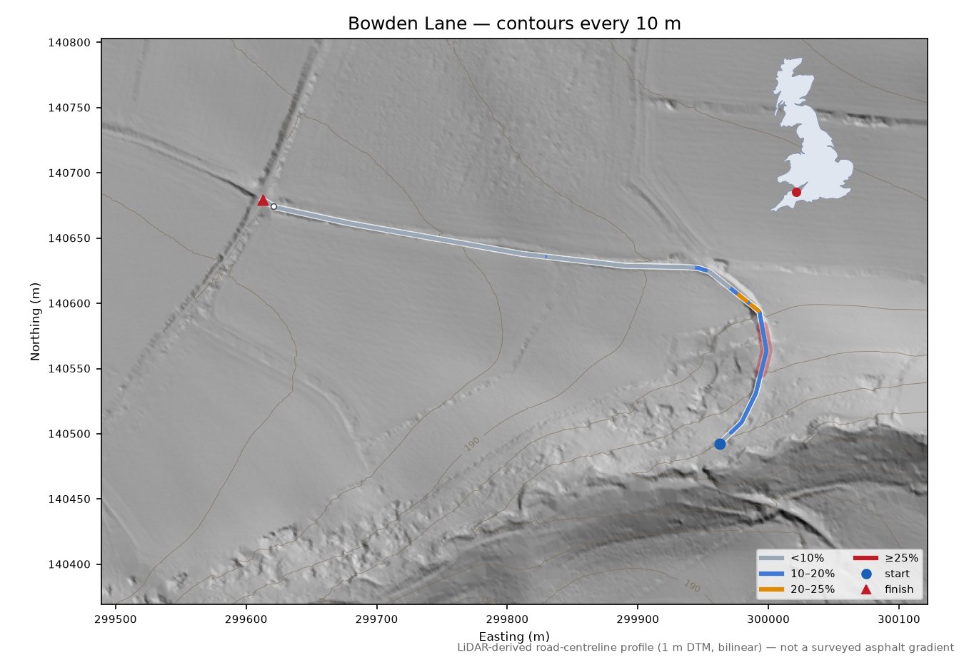 Bowden Lane LiDAR hillshade map with contours