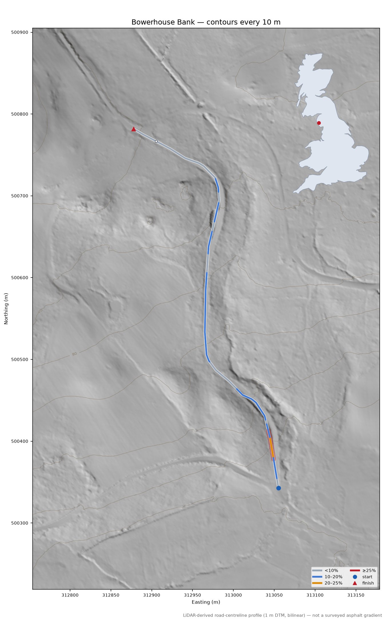 Bowerhouse Bank LiDAR hillshade map with contours