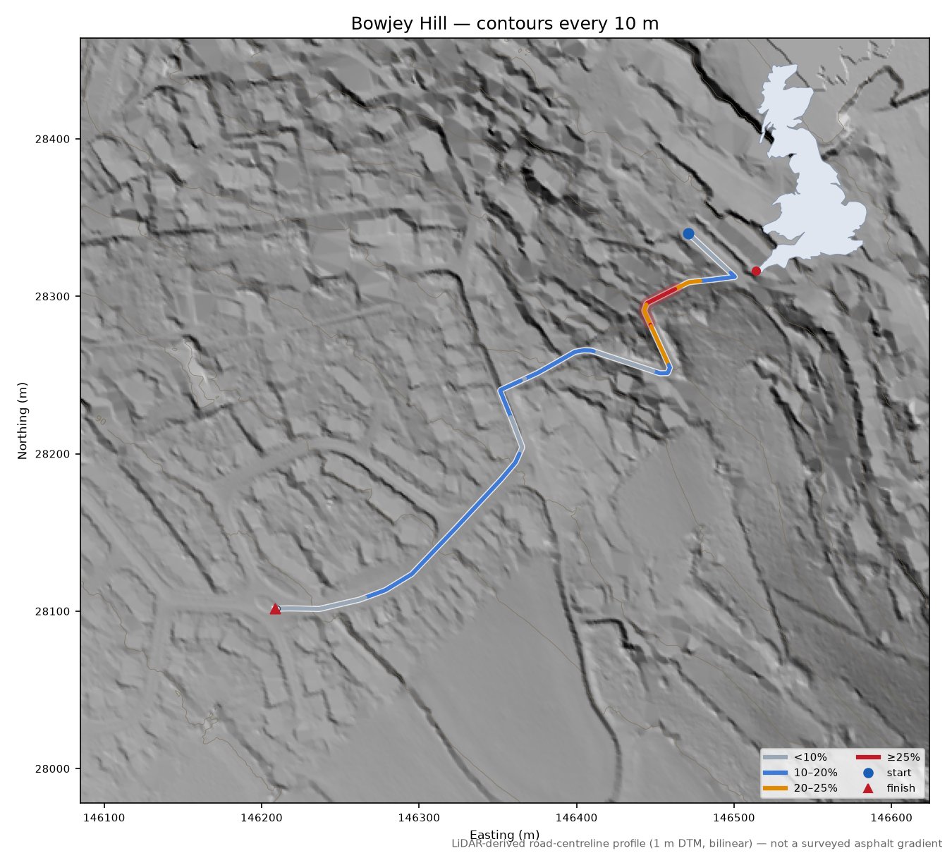Bowjey Hill LiDAR hillshade map with contours