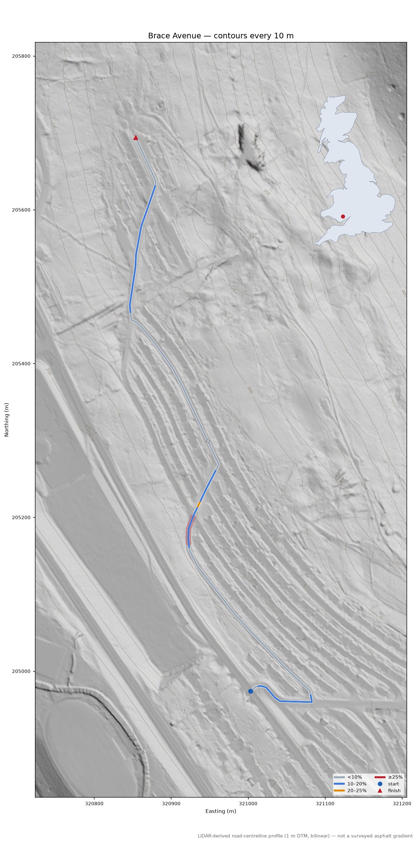 Brace Avenue LiDAR hillshade map with contours