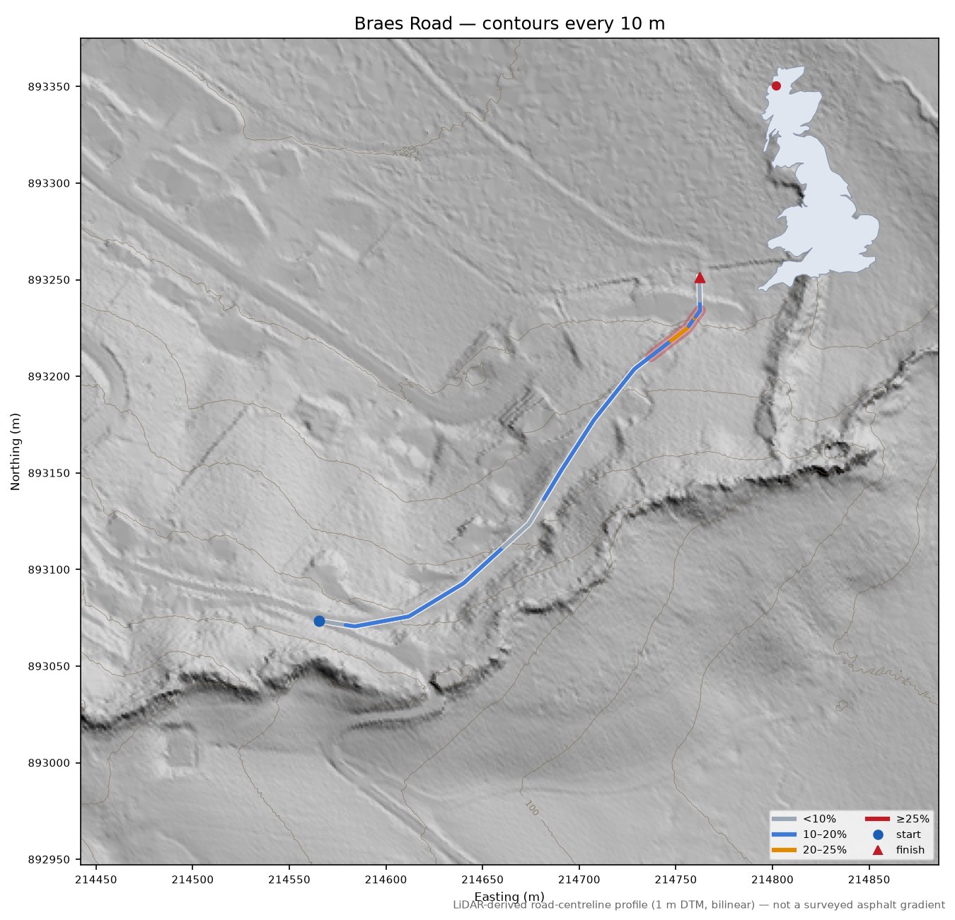 Braes Road LiDAR hillshade map with contours