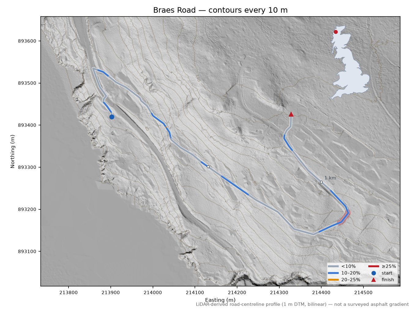 Braes Road LiDAR hillshade map with contours
