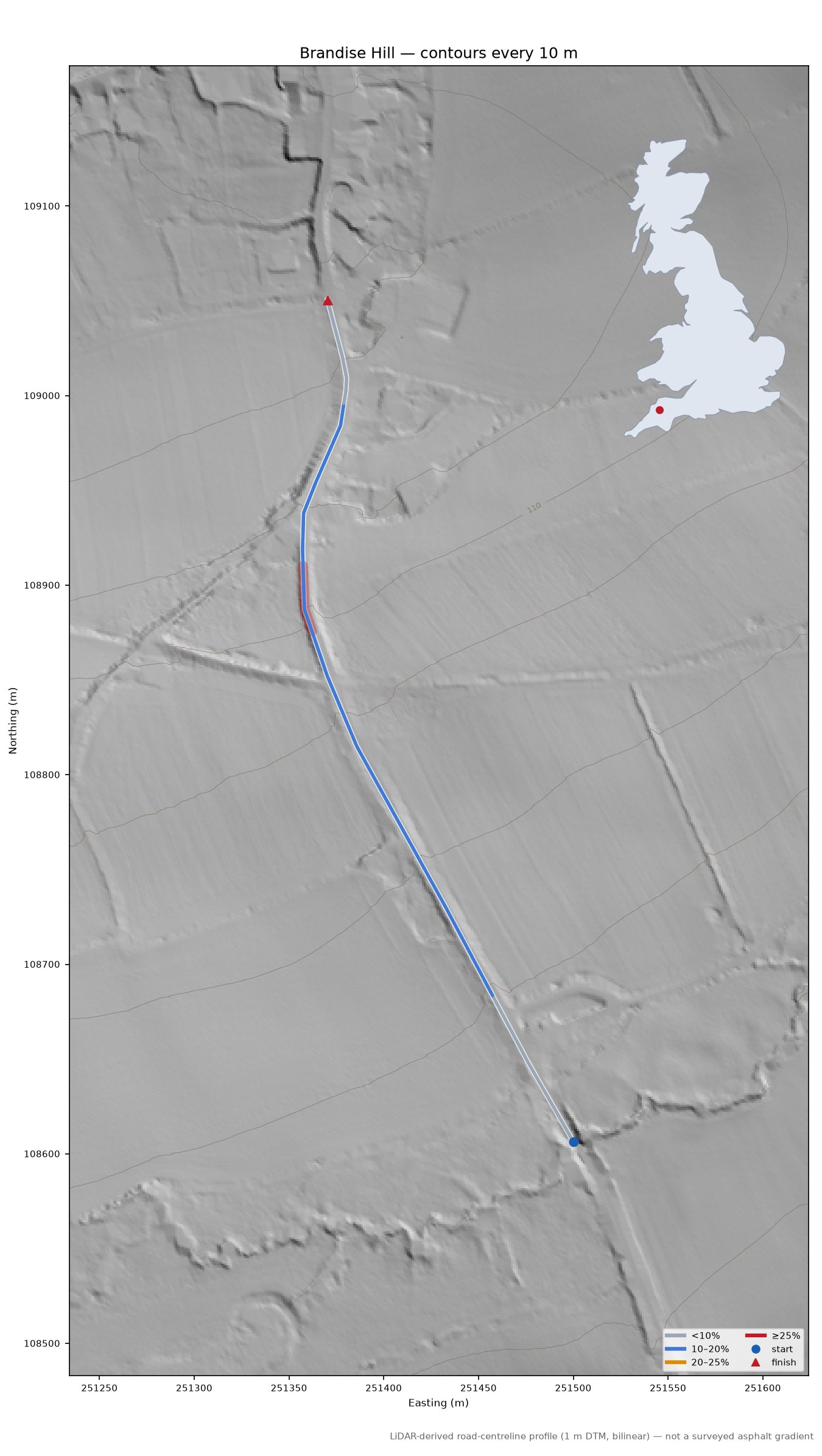 Brandise Hill LiDAR hillshade map with contours