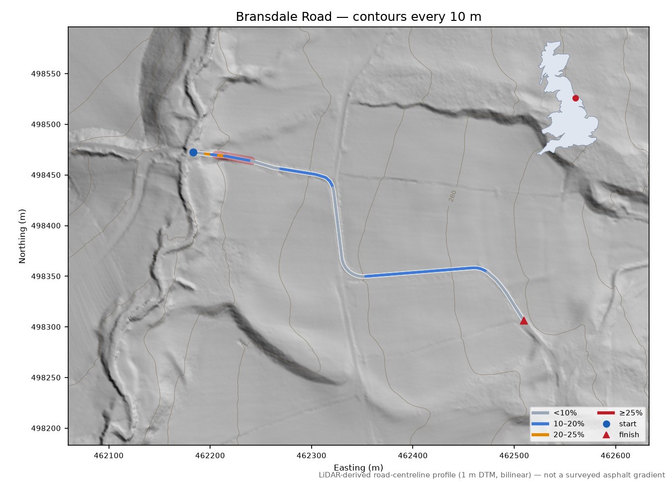 Bransdale Road LiDAR hillshade map with contours