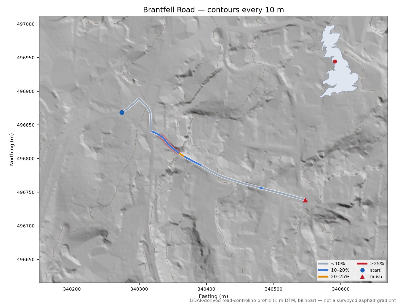 Brantfell Road LiDAR hillshade map with contours