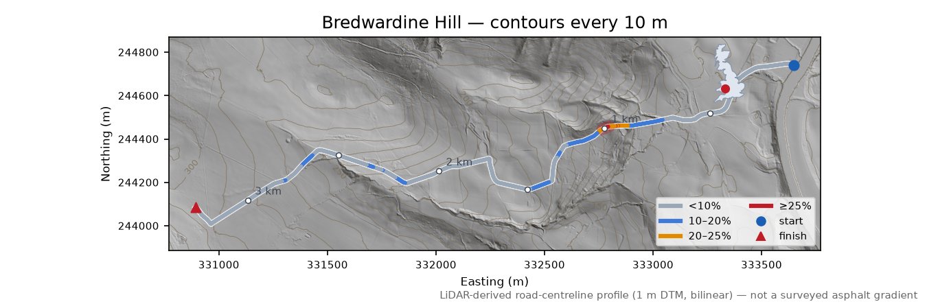 Bredwardine Hill LiDAR hillshade map with contours