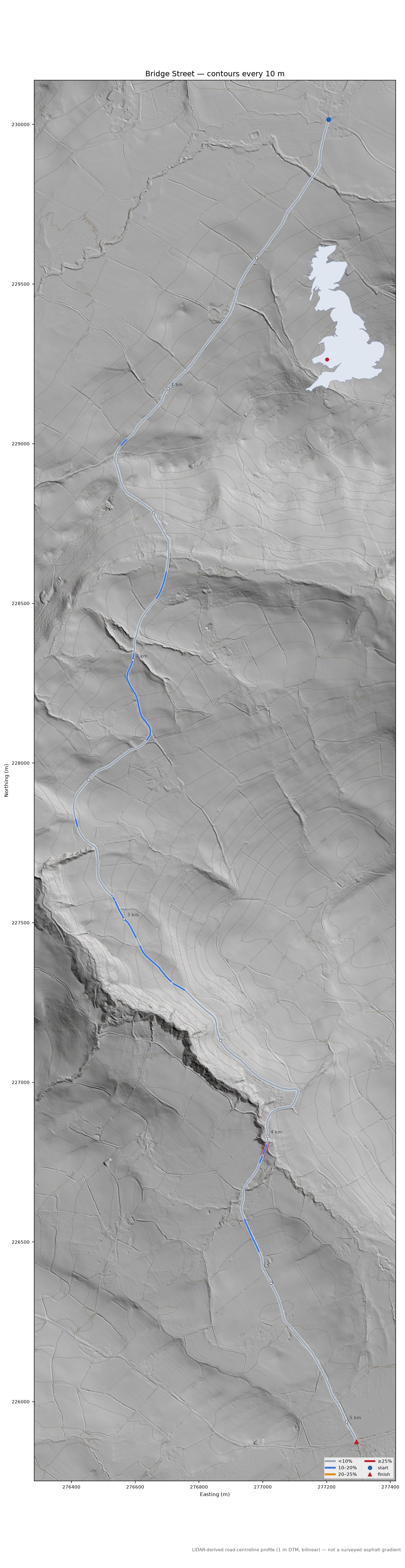 Bridge Street LiDAR hillshade map with contours