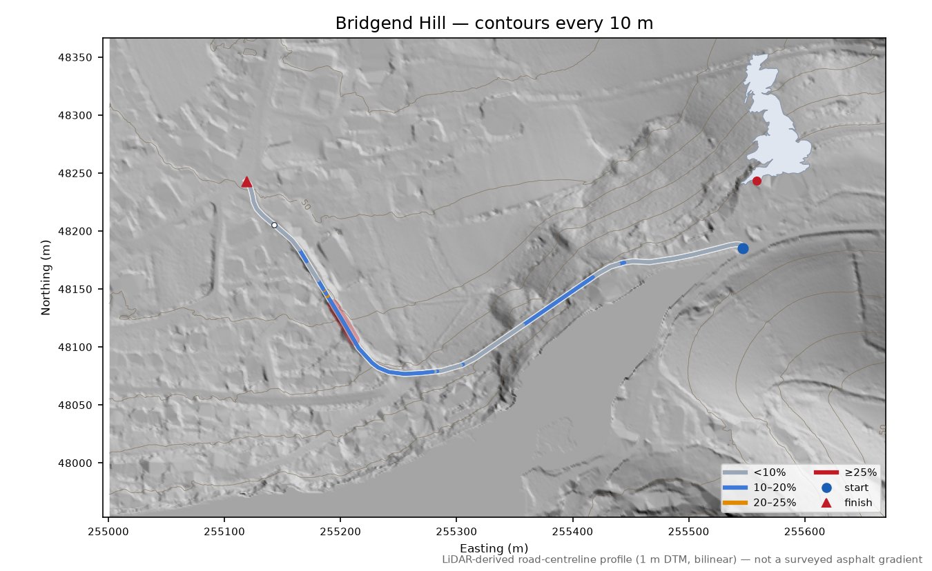 Bridgend Hill LiDAR hillshade map with contours
