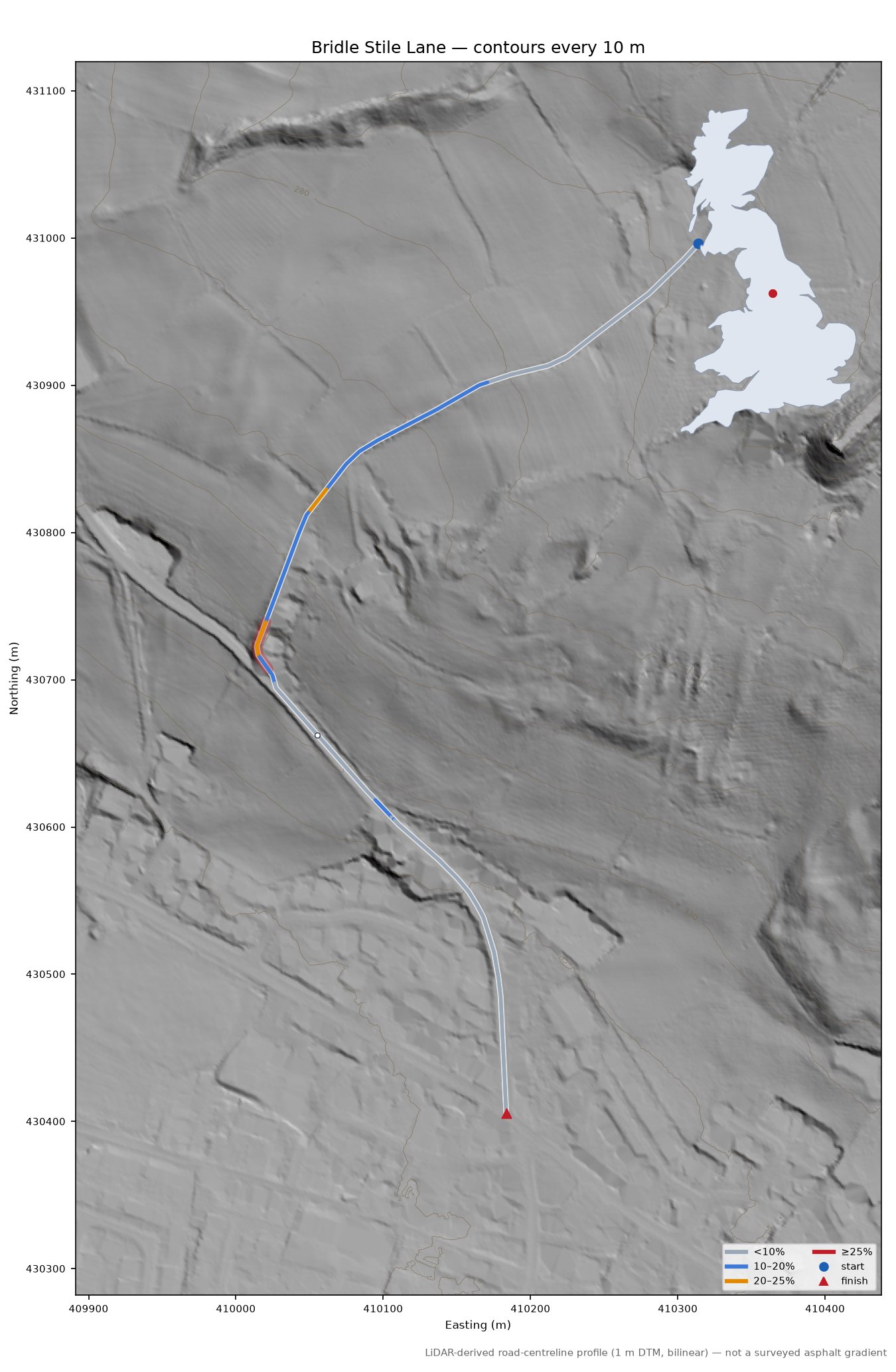 Bridle Stile Lane LiDAR hillshade map with contours
