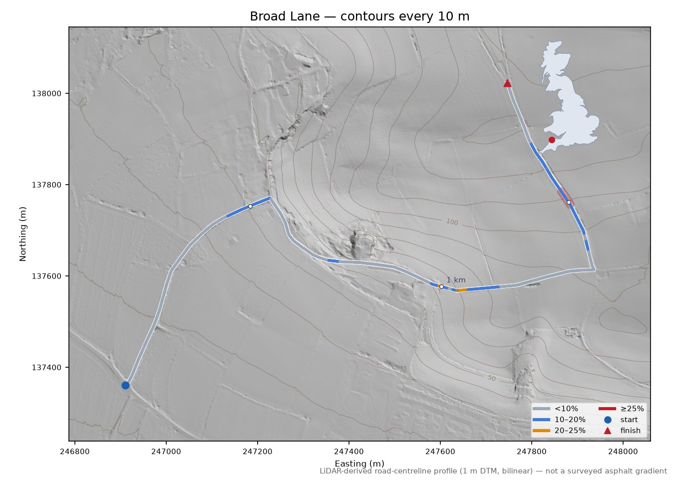 Broad Lane LiDAR hillshade map with contours