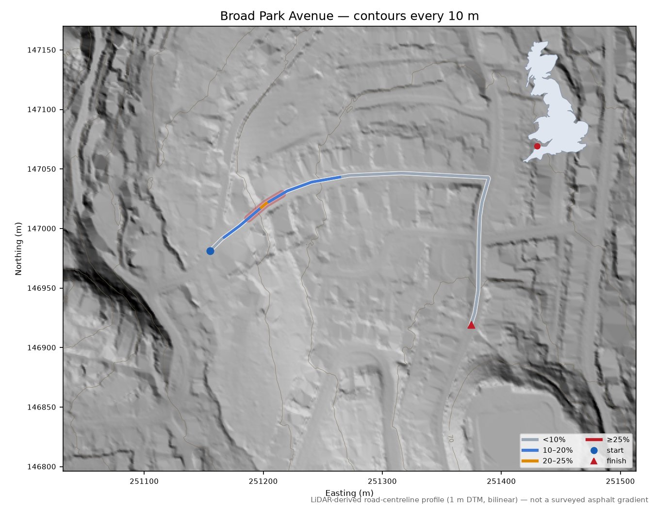 Broad Park Avenue LiDAR hillshade map with contours