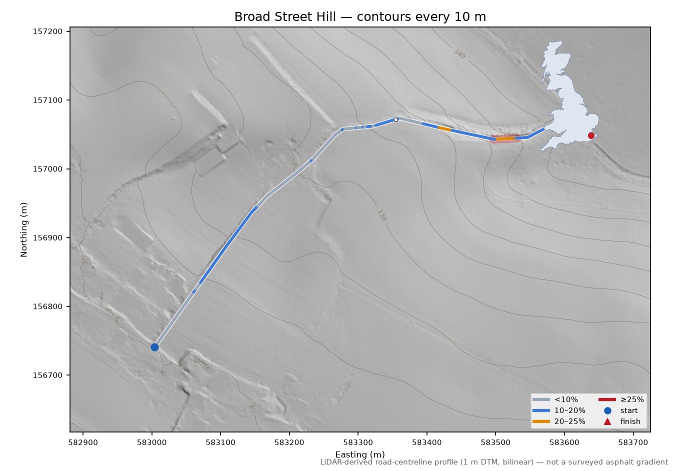 Broad Street Hill LiDAR hillshade map with contours
