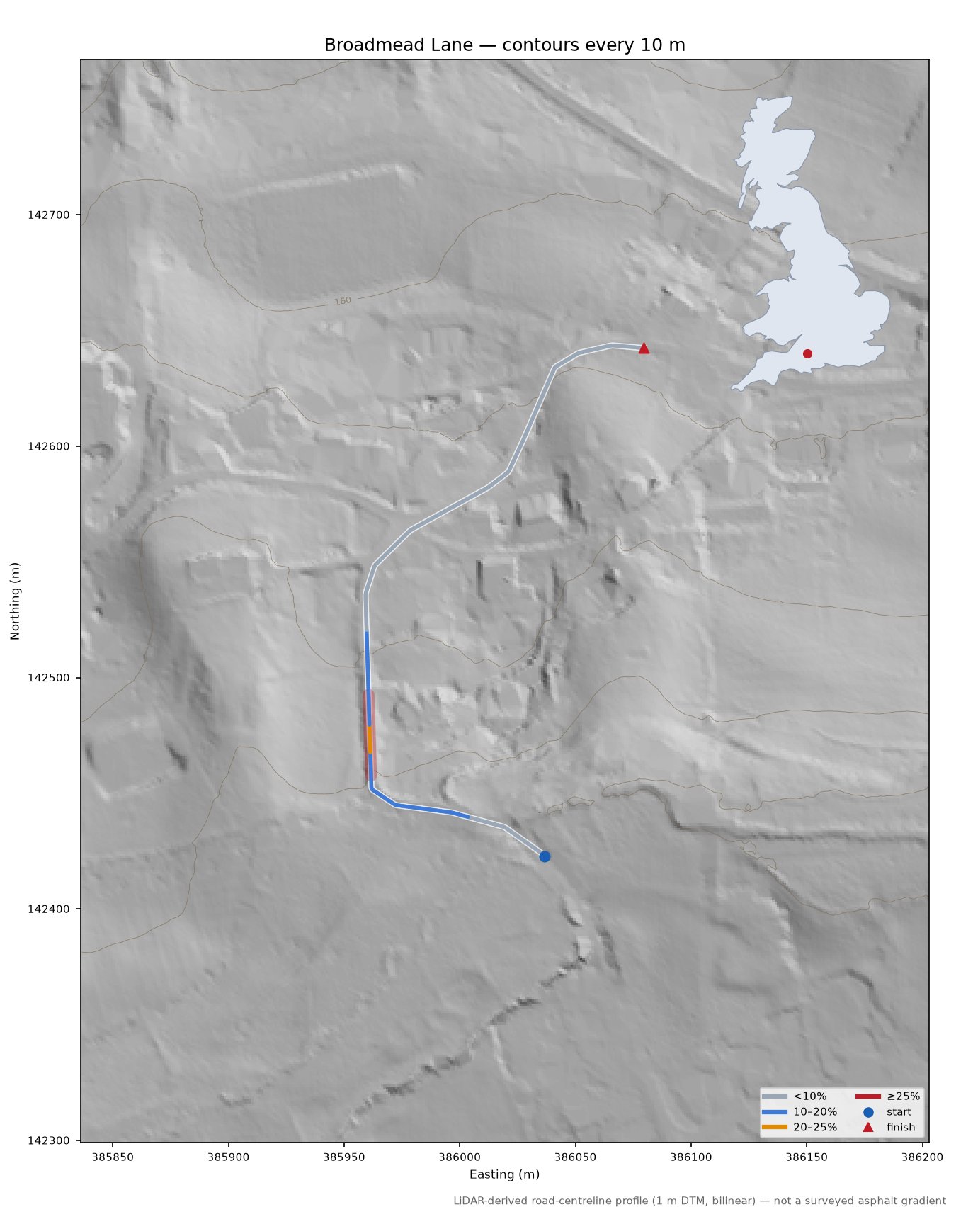 Broadmead Lane LiDAR hillshade map with contours
