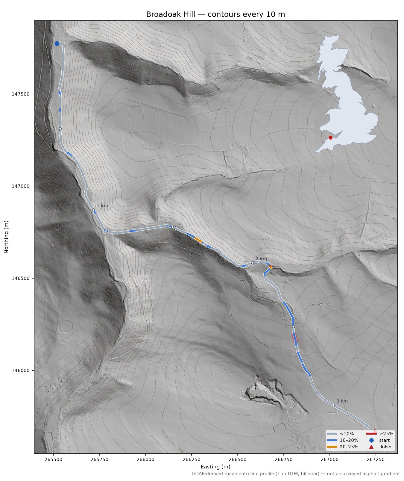 Broadoak Hill LiDAR hillshade map with contours
