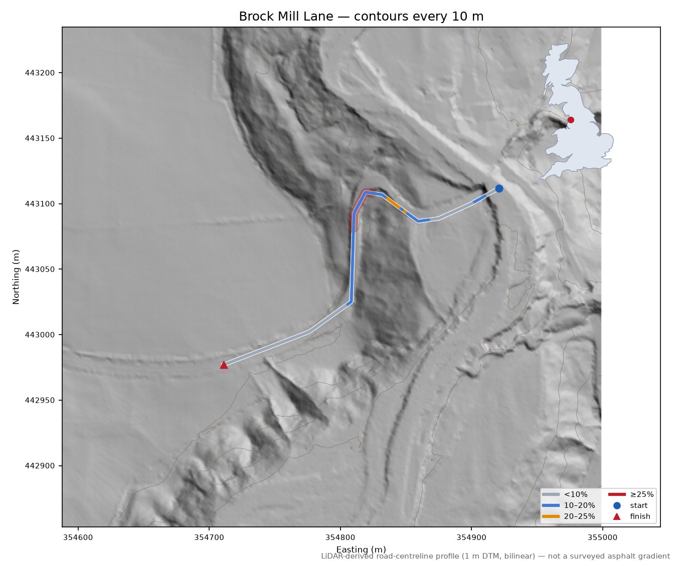 Brock Mill Lane LiDAR hillshade map with contours
