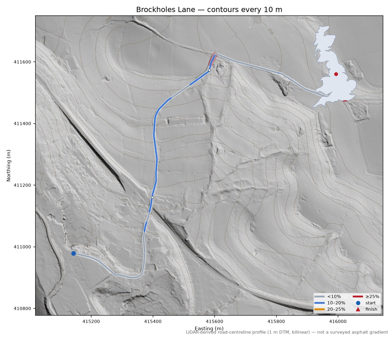 Brockholes Lane LiDAR hillshade map with contours