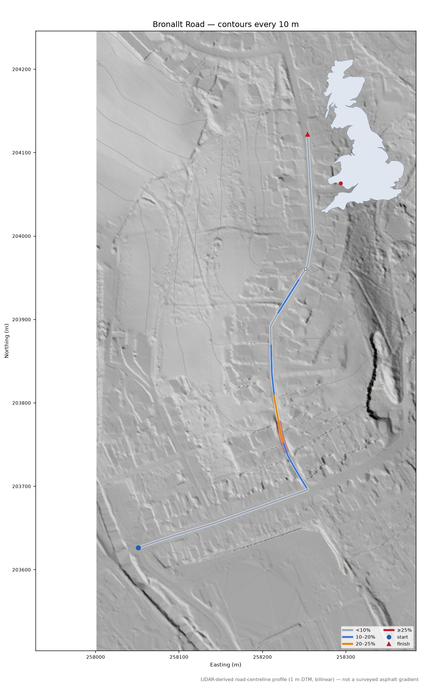 Bronallt Road LiDAR hillshade map with contours