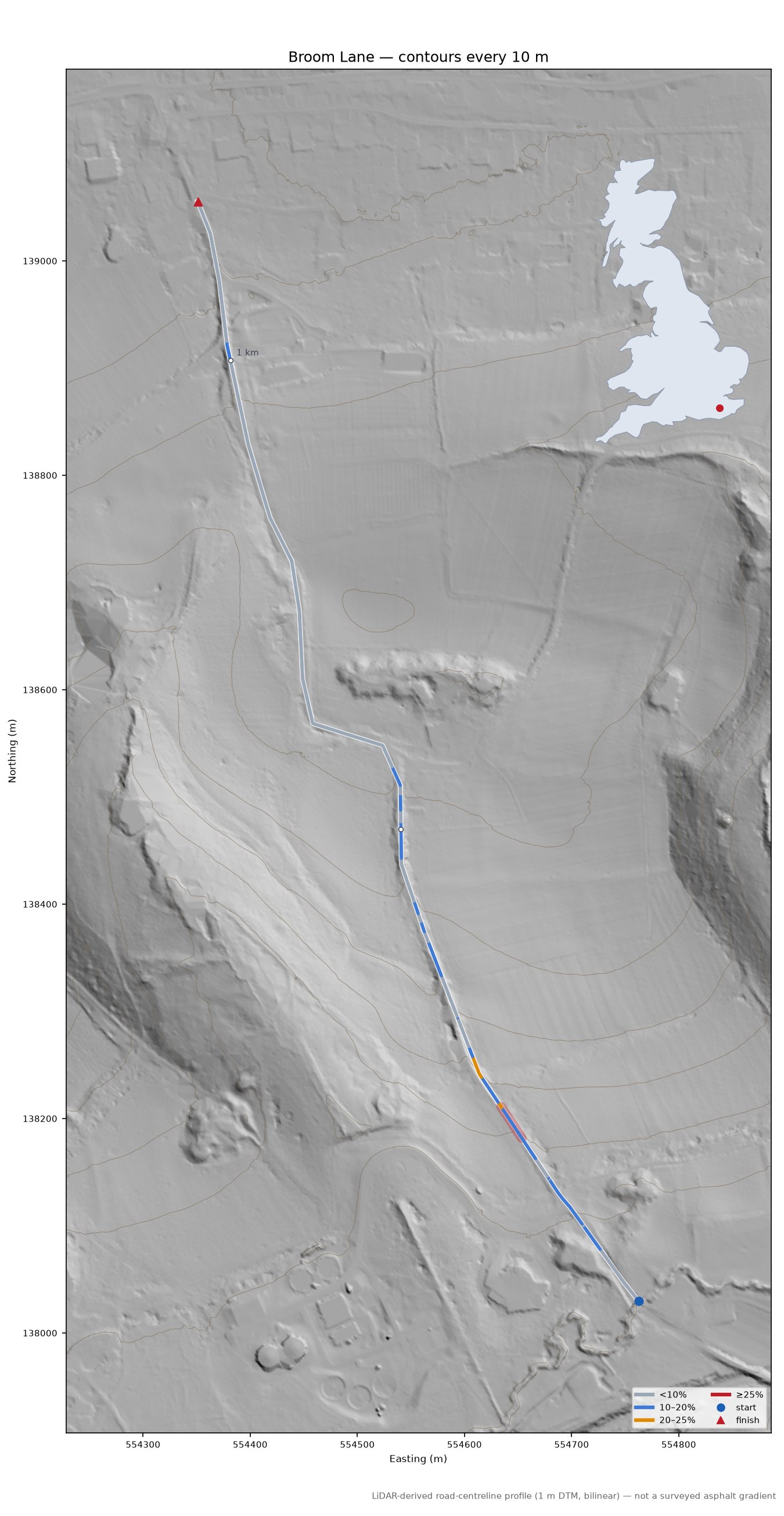 Broom Lane LiDAR hillshade map with contours