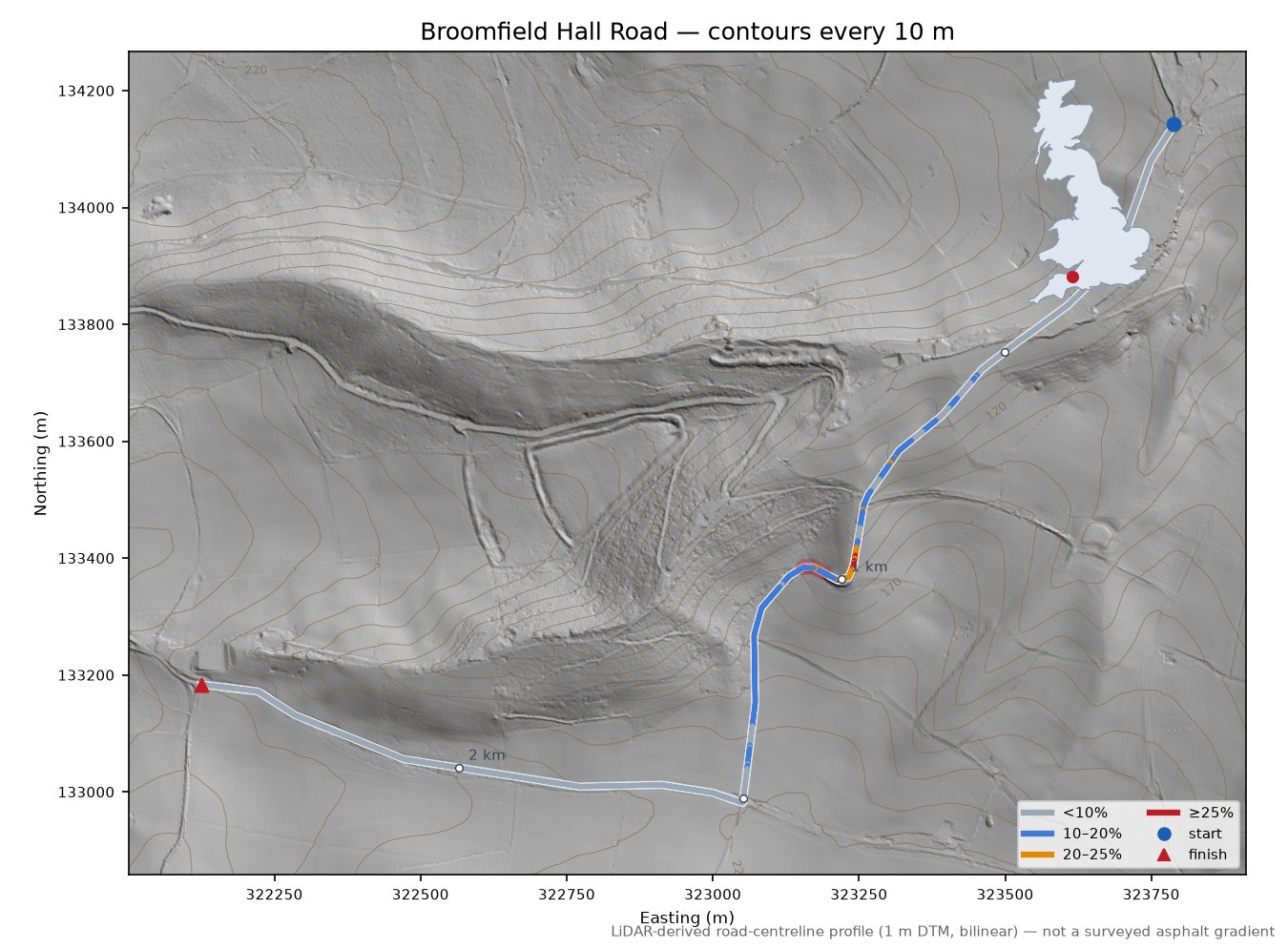 Broomfield Hall Road LiDAR hillshade map with contours