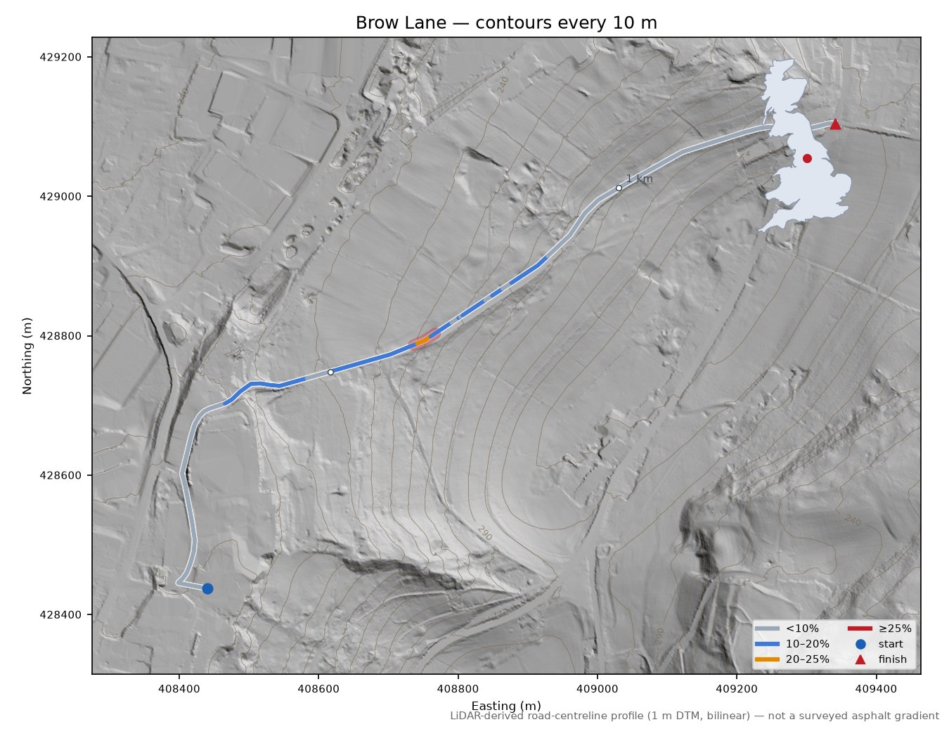 Brow Lane LiDAR hillshade map with contours