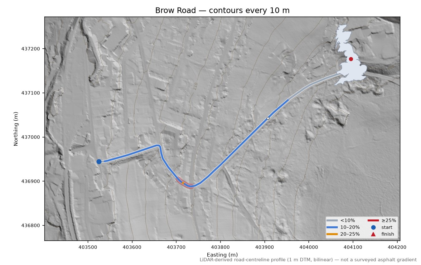 Brow Road LiDAR hillshade map with contours