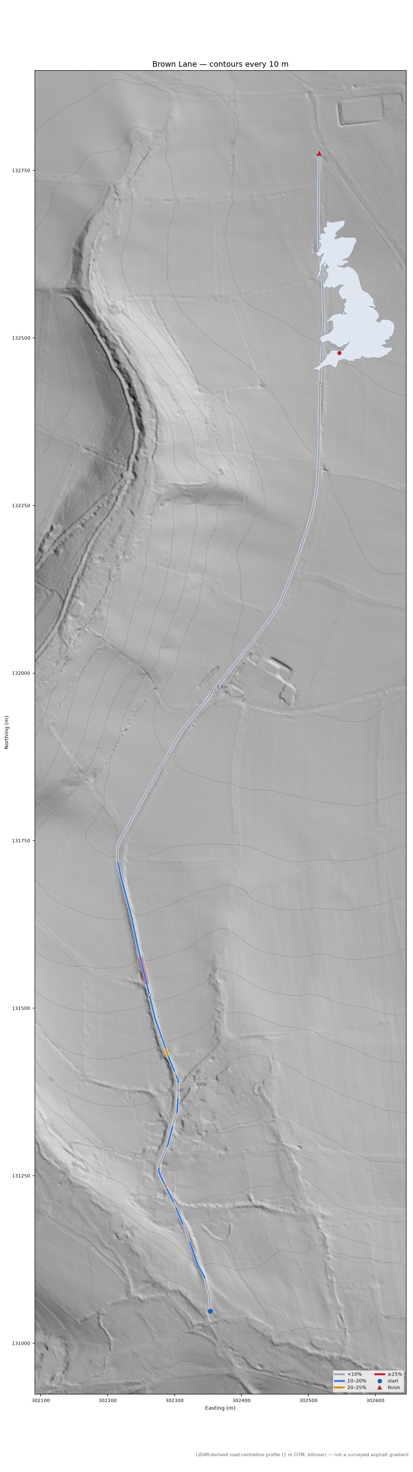 Brown Lane LiDAR hillshade map with contours