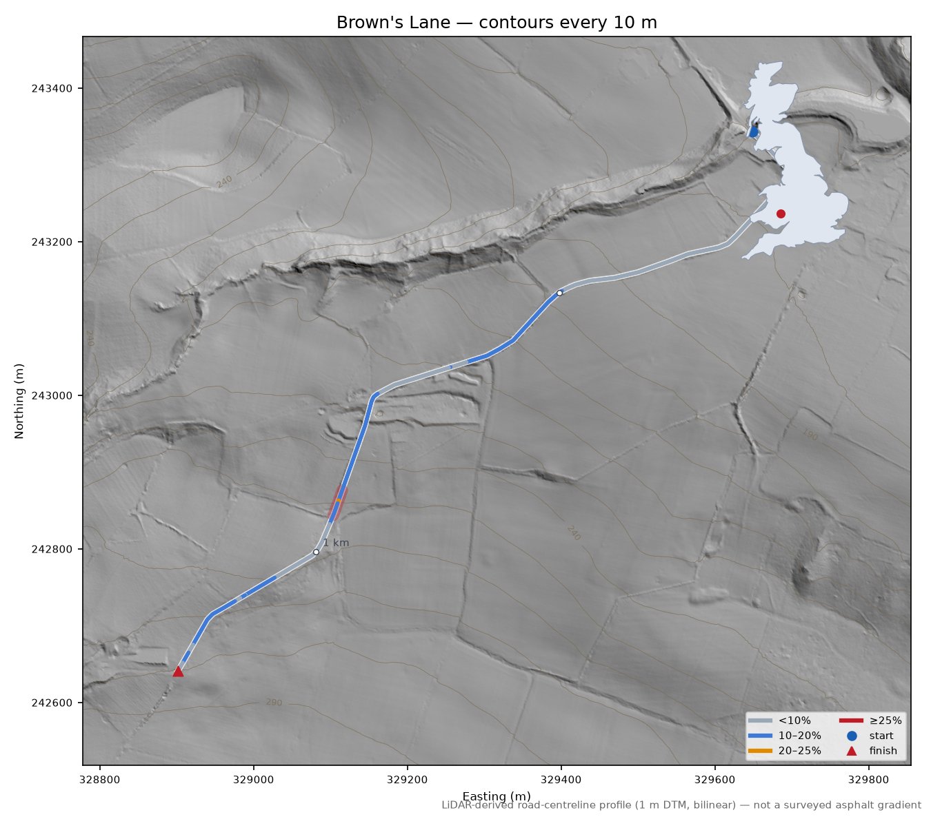 Brown's Lane LiDAR hillshade map with contours