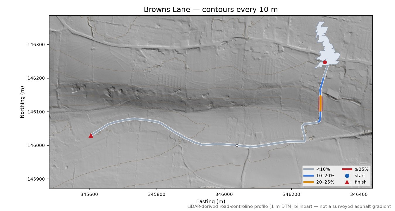 Browns Lane LiDAR hillshade map with contours