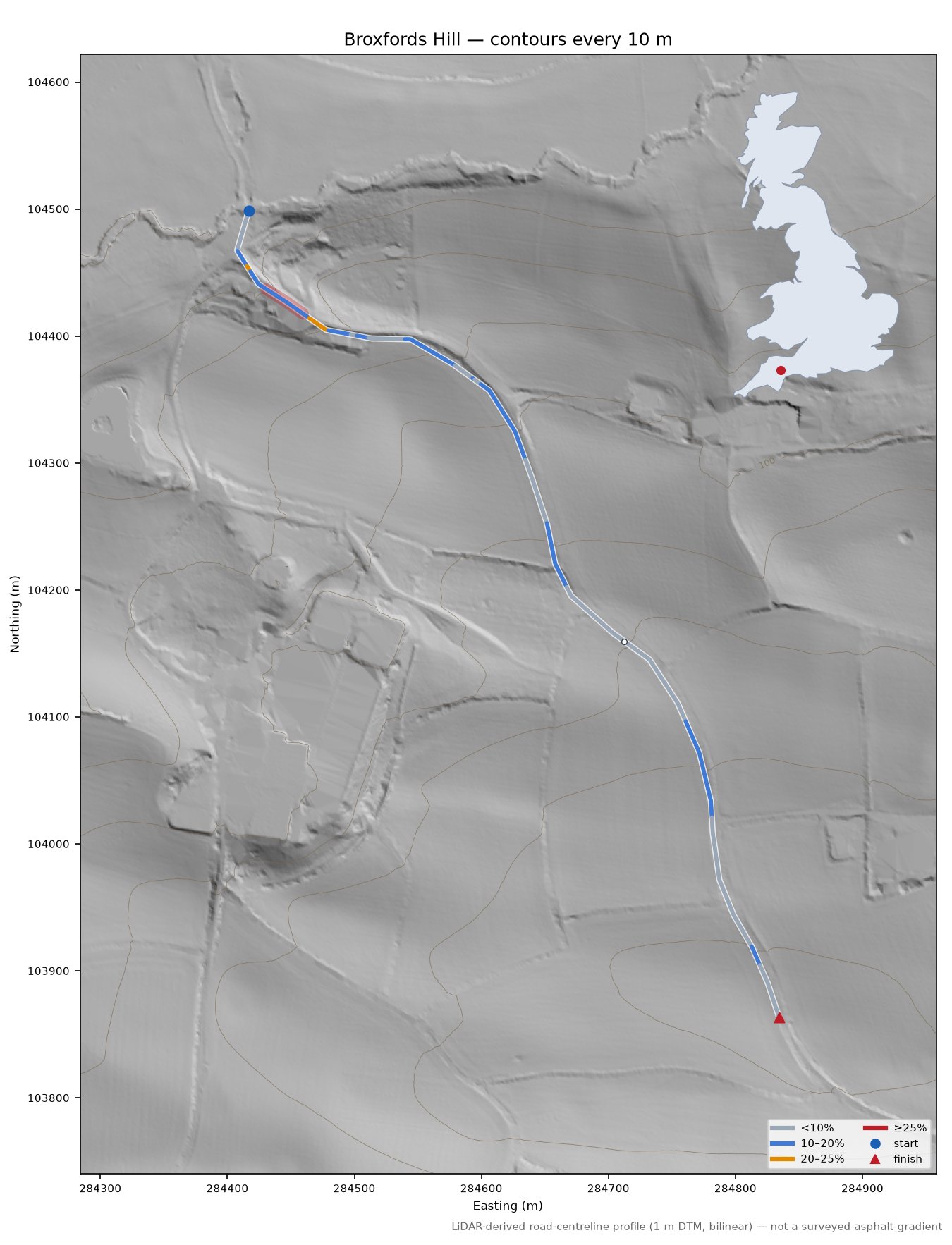 Broxfords Hill LiDAR hillshade map with contours
