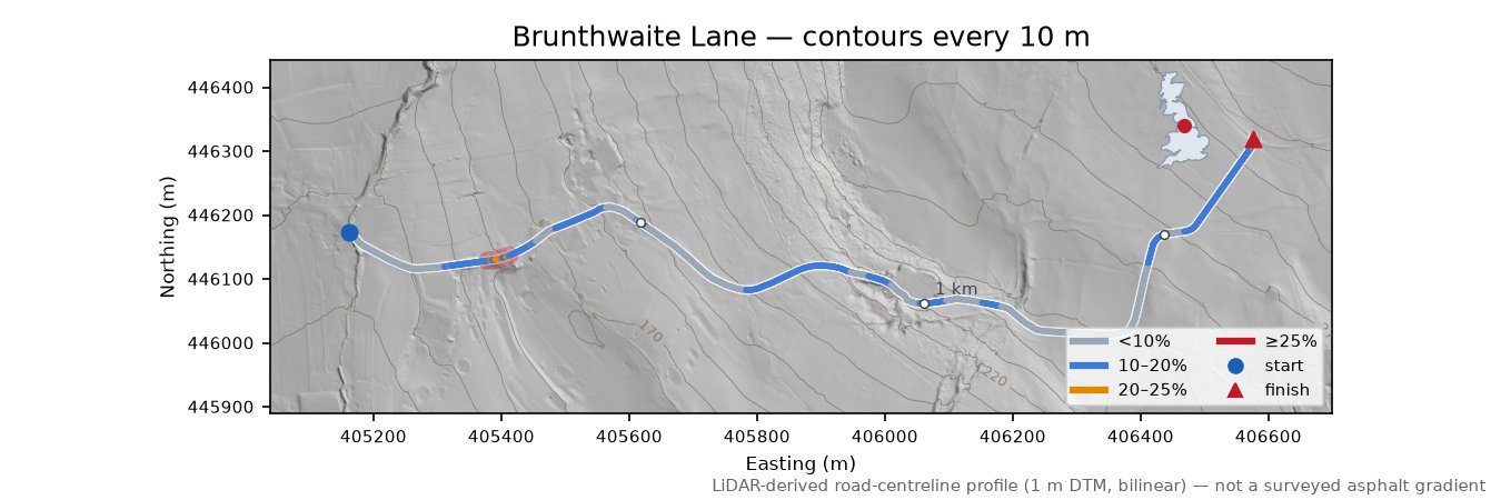 Brunthwaite Lane LiDAR hillshade map with contours