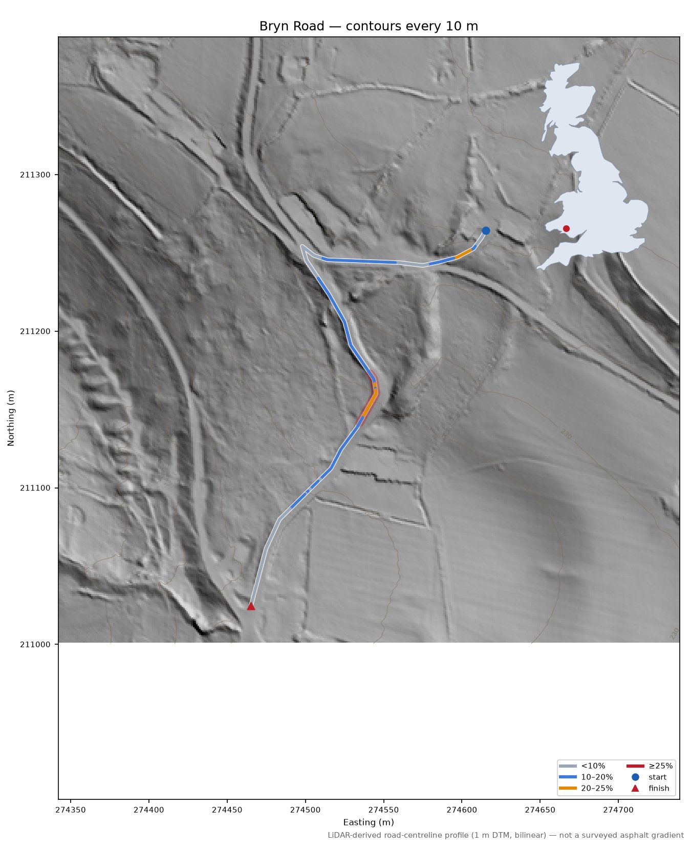 Bryn Road LiDAR hillshade map with contours