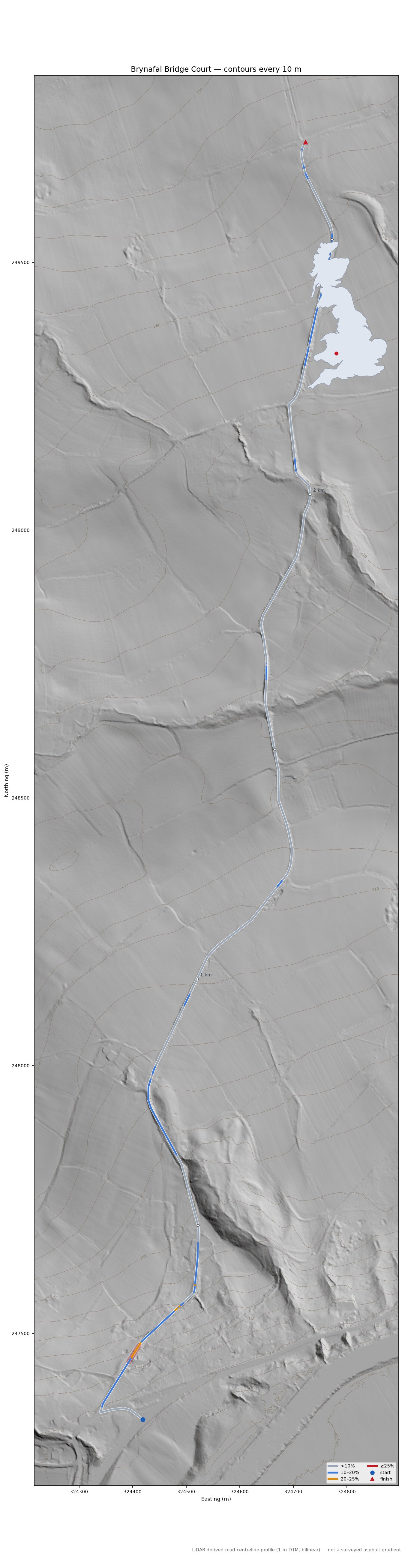 Brynafal Bridge Court LiDAR hillshade map with contours