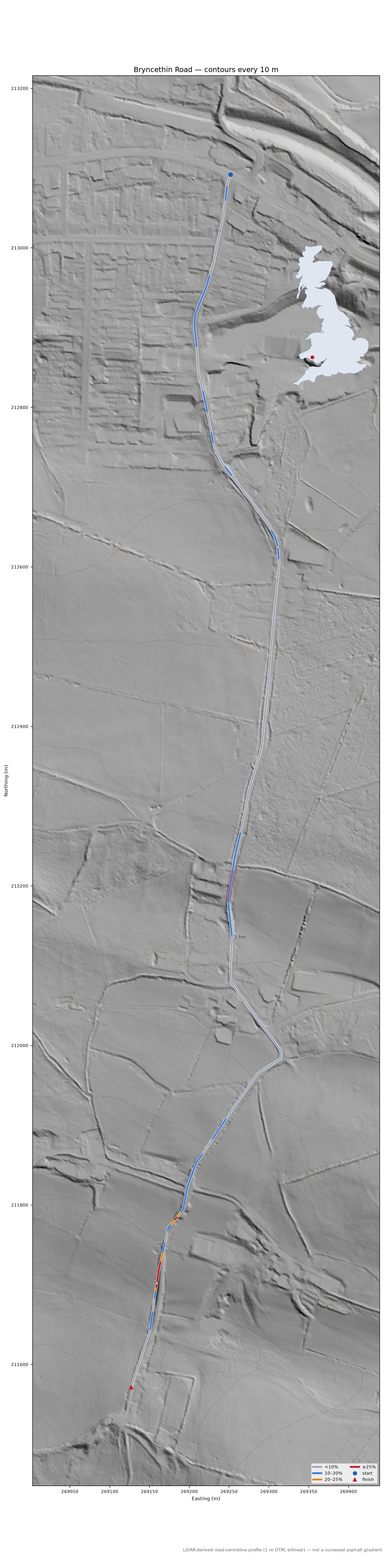 Bryncethin Road LiDAR hillshade map with contours