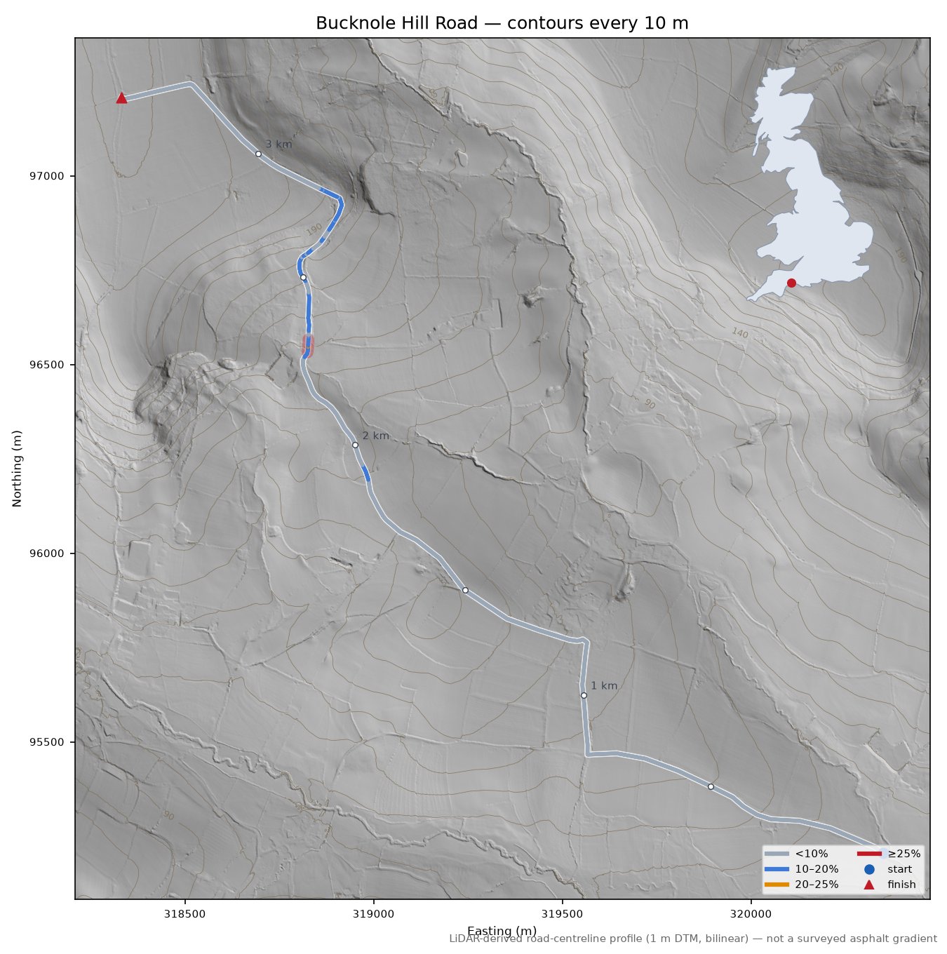 Bucknole Hill Road LiDAR hillshade map with contours