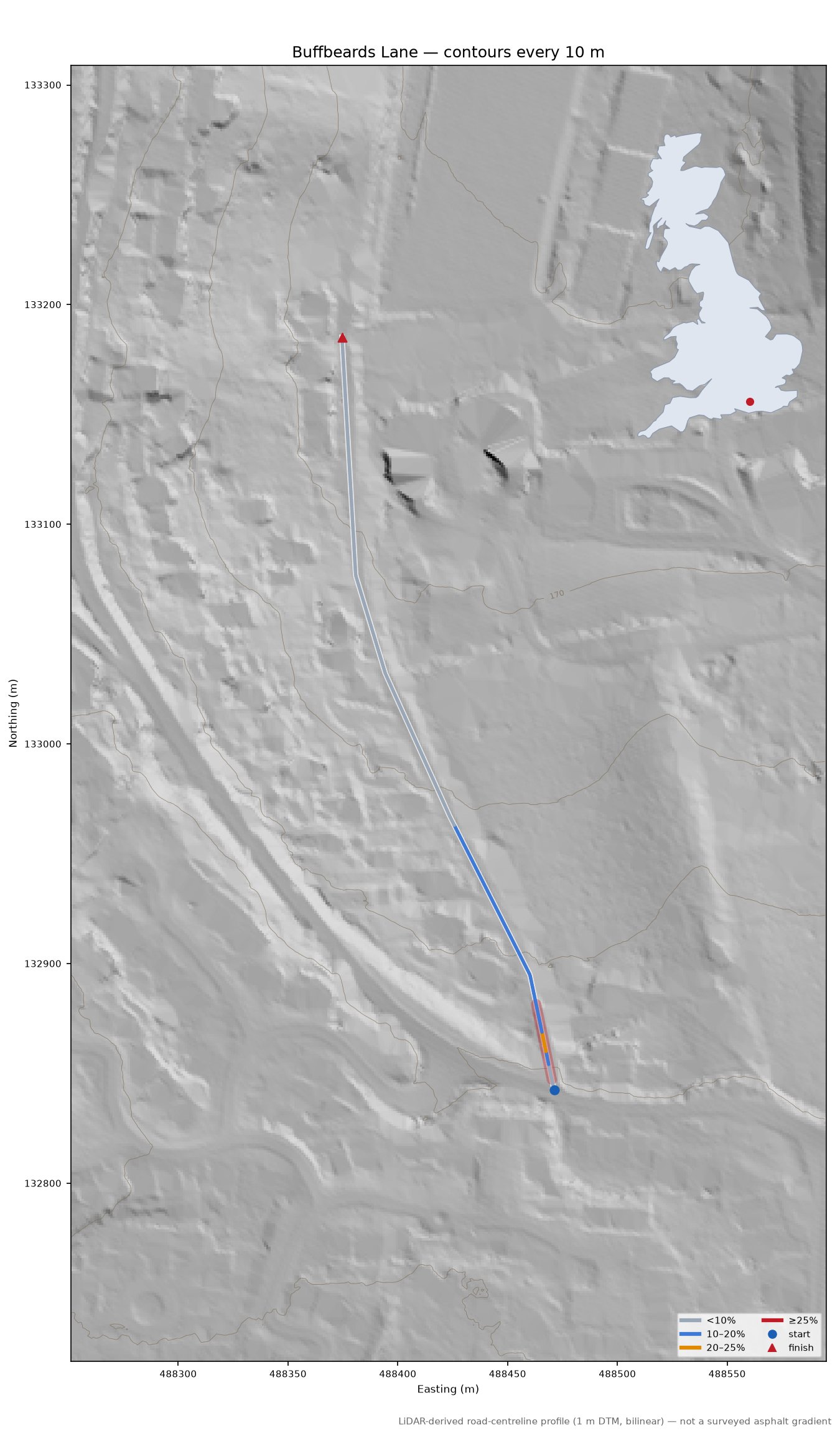 Buffbeards Lane LiDAR hillshade map with contours