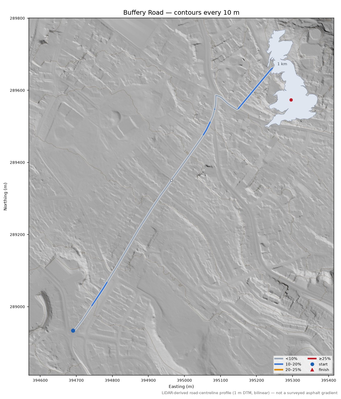 Buffery Road LiDAR hillshade map with contours