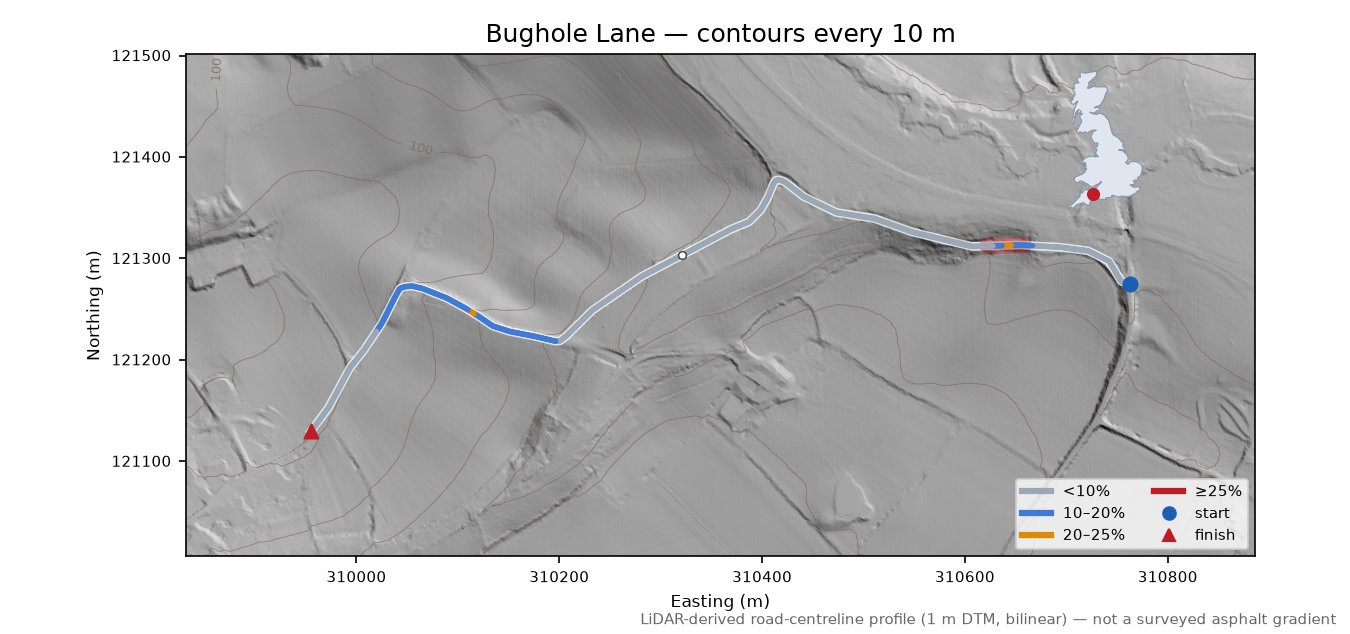 Bughole Lane LiDAR hillshade map with contours